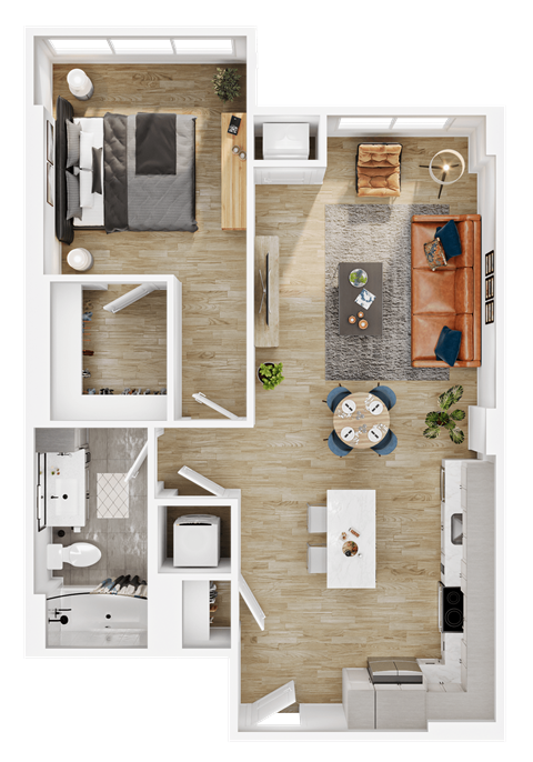 Floor plan for 1 bed, 1 bath, 765 sqft